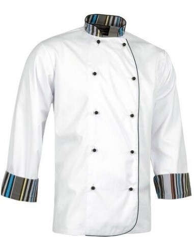 Casaca de cocina con detalles a rayas blanca